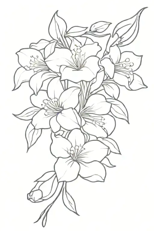 Fine line tattoo sketch of a small simple bouquet of flowers including Sakura, Lily of the Valley, Gladiolus and Violet  tattoo design idea