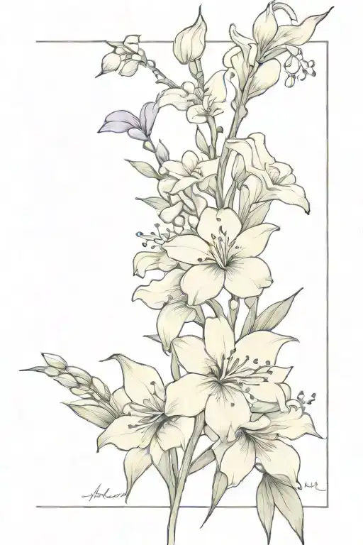 Fine line tattoo sketch of a small simple bouquet of flowers including Sakura, Lily of the Valley, Gladiolus and Violet  tattoo design idea