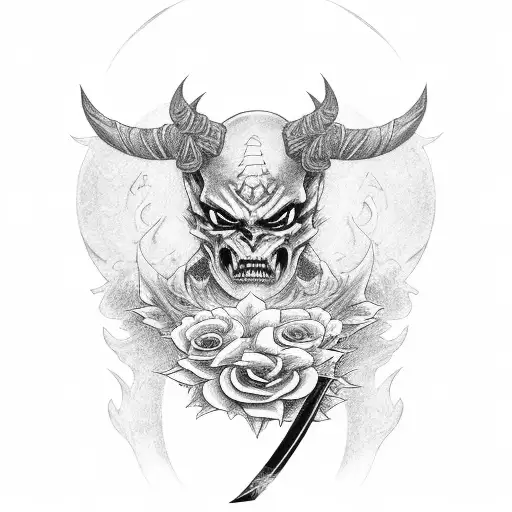 a demon holding a katana that is wrapped around a rose  tattoo design idea