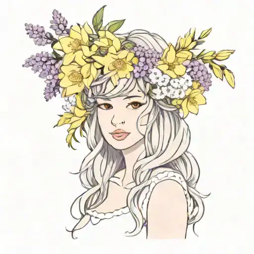 flower crown with daffodils, asters, peonies, lavenders, mimosas, sakura flowers. tattoo design idea