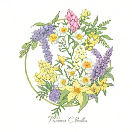 flower circle, with daffodils, asters, peonies, lavenders, mimosas, sakura flowers. tattoo design idea