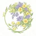 flower circle, with daffodils, asters, peonies, lavenders, mimosas, sakura flowers. tattoo design idea