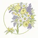 flower circle, with daffodils, asters, peonies, lavenders, mimosas, sakura flowers. tattoo design idea