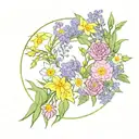 flower circle, with daffodils, asters, peonies, lavenders, mimosas, sakura flowers. tattoo design idea