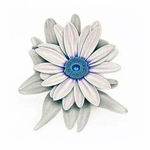 4 African daisy, one light purple orchid, one light pink daisy, 2 blue forget me nots with a butterfly tattoo design idea