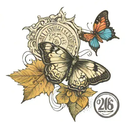 A dime with a butterfly in the center with the dates December 22nd & August 6th around the butterfly tattoo design idea