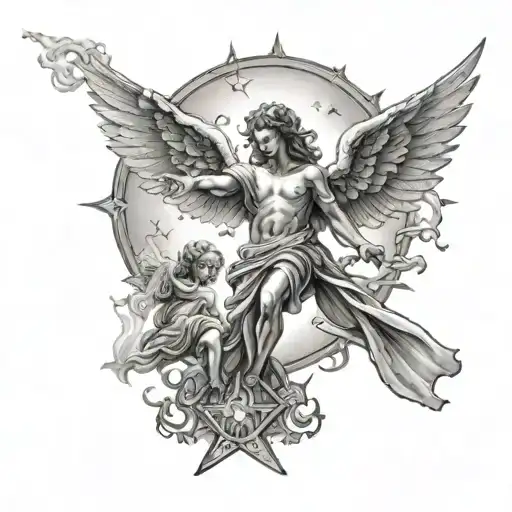 A celestial scene with angels hovering around a glowing cross, representing faith and guidance tattoo design idea
