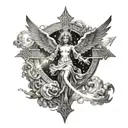 A celestial scene with angels hovering around a glowing cross, representing faith and guidance tattoo design idea