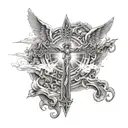 A celestial scene with angels hovering around a glowing cross, representing faith and guidance tattoo design idea