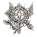 A celestial scene with angels hovering around a glowing cross, representing faith and guidance tattoo design idea