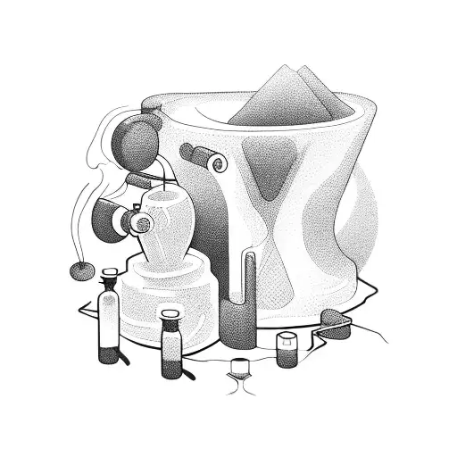 A symmetrical composition of a chemist mixing potions while playing a musical instrument and gaming simultaneously tattoo design idea