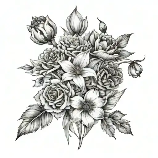 4 flowers, arranged in a bouquet, a daffodil, a Cosmo, a carnation, and a chrysanthemum tattoo design idea