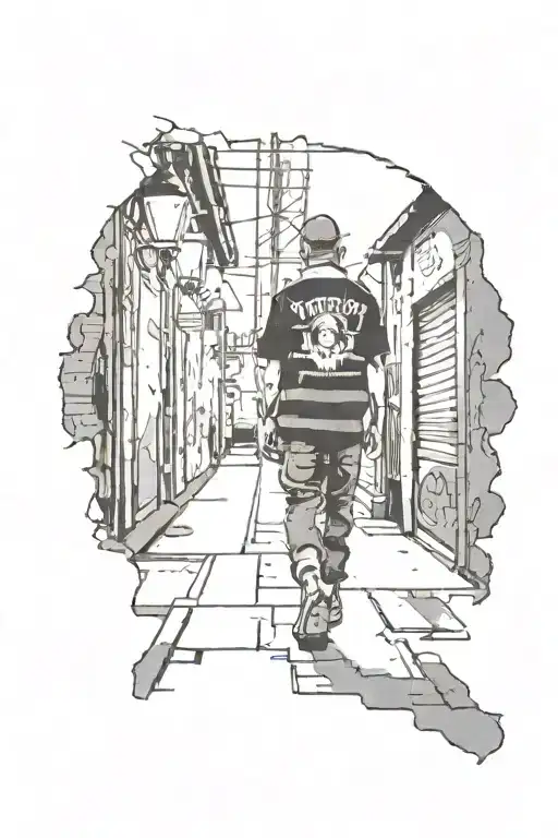 A tattoo showing a silhouette of a person walking through a dark alleyway, with graffiti-covered walls and streetlights  tattoo design idea