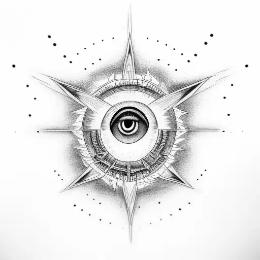 An abstract composition featuring the silhouette of a mustang, an all-seeing eye, and the word 'Charlotte' tattoo design idea