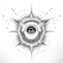 An abstract composition featuring the silhouette of a mustang, an all-seeing eye, and the word 'Charlotte' tattoo design idea