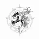 An abstract composition featuring the silhouette of a mustang, an all-seeing eye, and the word 'Charlotte' tattoo design idea