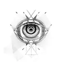 An abstract composition featuring the silhouette of a mustang, an all-seeing eye, and the word 'Charlotte' tattoo design idea