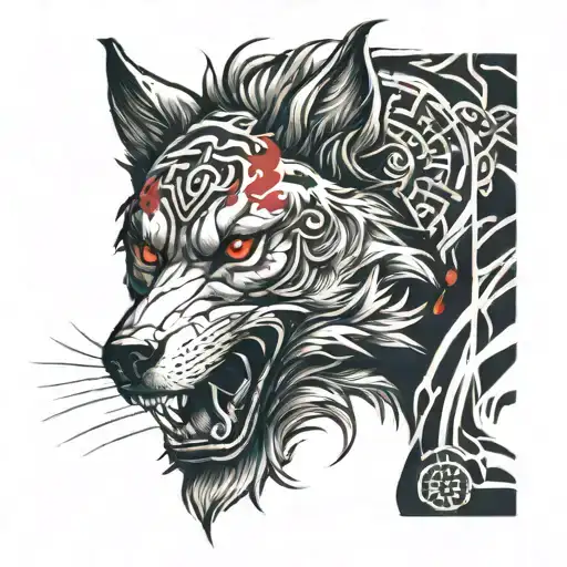 Full length sketch of a wolf on the top of a sleeve in Chinese style in red color in a chaotic order in the style of dark fantasy tattoo design idea