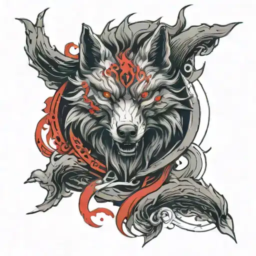 Sketch of a wolf on the top of the sleeve in Chinese style in red color in a chaotic order in the style of dark fantasy tattoo design idea