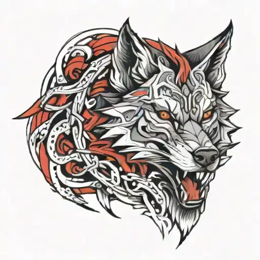 Full length sketch of a wolf on the top of a sleeve in Chinese style in red color in a chaotic order in the style of dark fantasy tattoo design idea