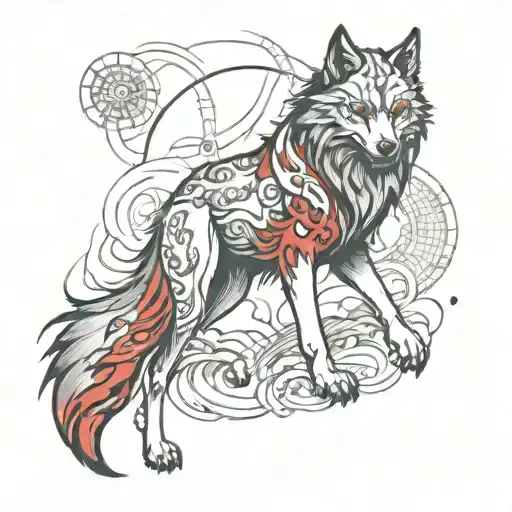 Full length sketch of a wolf on the top of a sleeve in Chinese style in red color in a chaotic order in the style of dark fantasy tattoo design idea