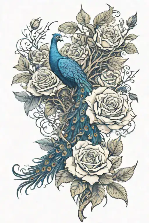 thick thorny roses intertwined with peacock depicting the fight of good vs evil tattoo design idea