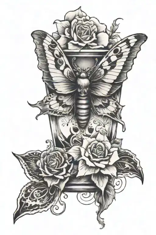death moth wtih an hourglass around a flower blooming tattoo design idea