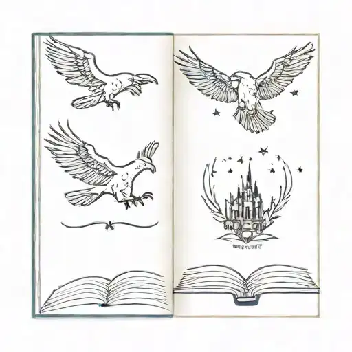 book with Hogwarts in one page, velaris three stars on the other, and ravens tattoo design idea