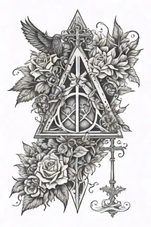 deathly hallows with cross as the wand surrounded by birth flowers for August, February, May, and June tattoo design idea