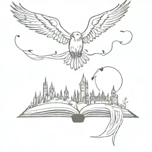 book with Hogwarts, velaris, and ravens flying away from book tattoo design idea
