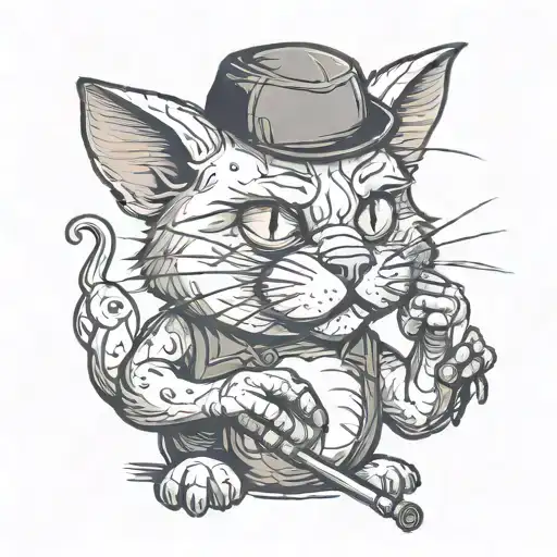 cat with disturbing smile caressing smoking rat tattoo design idea