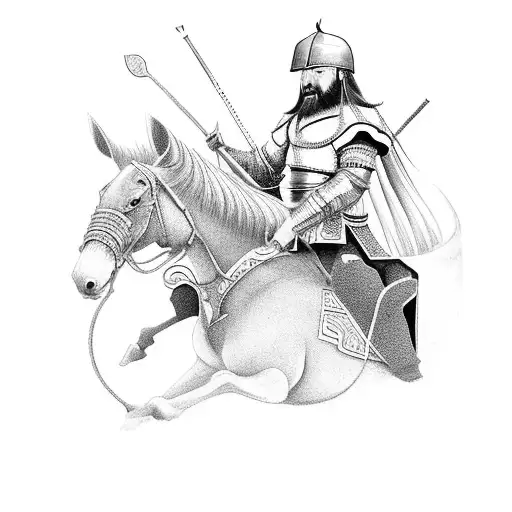 Genghis Khan on a horse looks menacing, the steppe, against the background of a horse and people flowing into  tattoo design idea