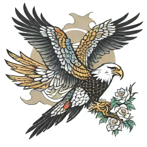 Japanese Pheasant and American bald eagle flying tattoo design idea