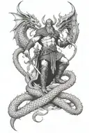 A BDSM scene with a viking warrior and a dragon, exploring themes of dominance and power in a mythical setting tattoo design idea