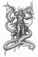 A BDSM scene with a viking warrior and a dragon, exploring themes of dominance and power in a mythical setting tattoo design idea