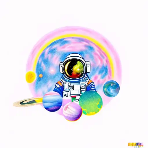 an astronaut with colorful planets in the background tattoo design idea