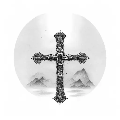 Christian Cross and mountains  tattoo design idea