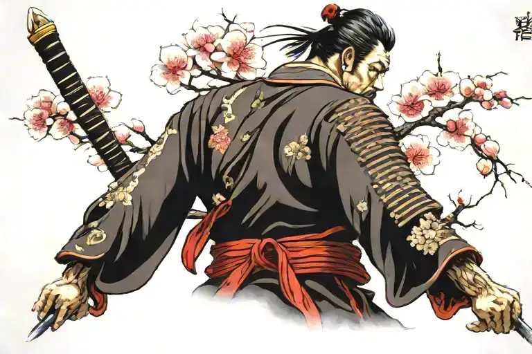 japanese back tattoo samurai, cherry blossom tree tattoo design idea