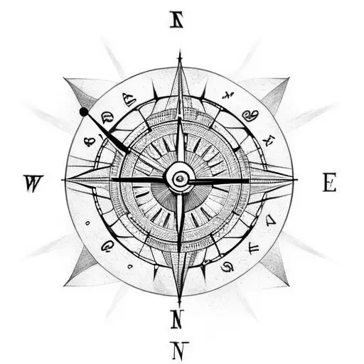 half a clock and half a compass pierced by an arrow tattoo design idea