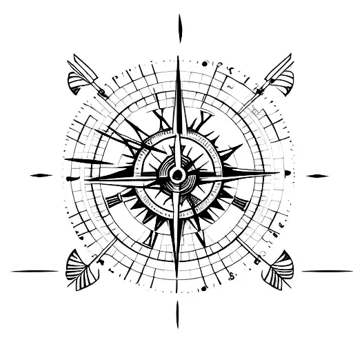 half a clock and half a compass pierced by an arrow tattoo design idea
