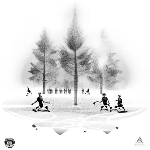 A black-grey tattoo of a soccer field with players tattoo design idea