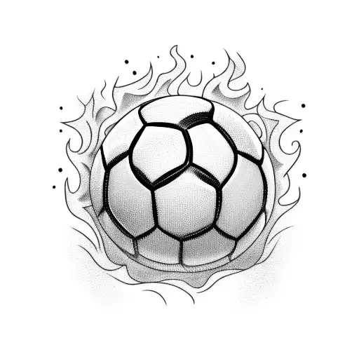 A blackwork tattoo of a soccer player dribbling a ball with flames around them tattoo design idea