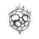 A blackwork tattoo of a soccer player dribbling a ball with flames around them tattoo design idea