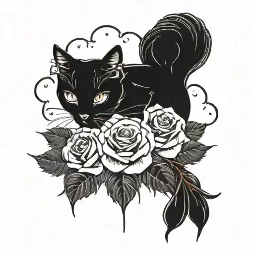 A goth-inspired tattoo featuring a mysterious girl with a black cat, surrounded by dark roses tattoo design idea