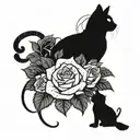 A goth-inspired tattoo featuring a mysterious girl with a black cat, surrounded by dark roses tattoo design idea