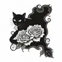 A goth-inspired tattoo featuring a mysterious girl with a black cat, surrounded by dark roses tattoo design idea