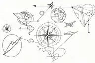 compass and globe and paper plane and paper boat sailing tattoo design idea