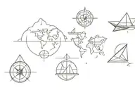 compass and globe and paper plane and paper boat sailing tattoo design idea