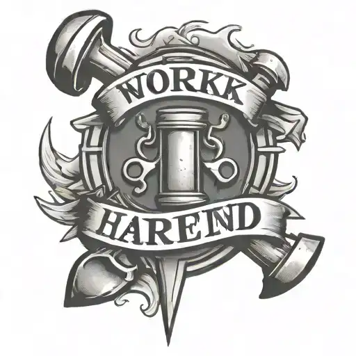 anvil and hammer word banner "WORK HARDEND"  tattoo design idea