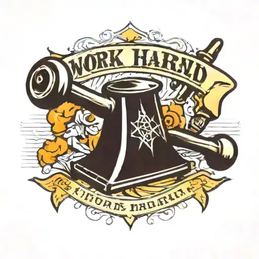 anvil and hammer word banner "WORK HARDEND"  tattoo design idea